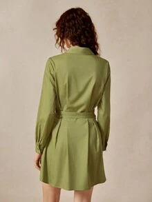 Écloséra Elegant Adjustable Double Waistband Design Pleated Button Women's Dress, Suitable For Autumn Outings - Green - View 2