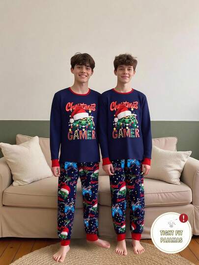 SHEIN 1 Set Teenager Junge Fröhliche Weihnachten Burgunderrot Rundhals Langarm Top mit Weihnachtsmann Mütze & Weihnachtsbaum, Marine Blau Eng anliegende Pyjama Hose mit Weihnachtsmann Mütze, Weihnachtsbaum & "CHRISTMAS GAMER" Text, Weihnachtsgeschenk