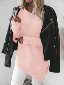 EMERY ROSE Women's Solid Color Round Neck Drop Shoulder Long Sleeve Split Hem Casual Versatile Knit Pullover Sweater - Pink - View 7