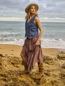 Aralina 秋冬西部波西米亚风纹理不对称拼接下摆长裙乡村音乐会 - 棕色 - 查看 4