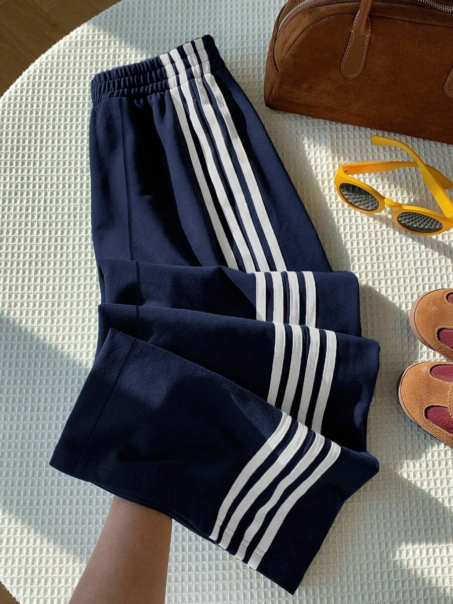 Comfortcana Women's Casual Versatile Contrast Striped Wide Leg Sweatpants Navy Blue Pants Striped Pants Women Casual Pants - Navy Blue - View 1