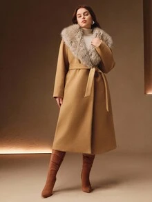 Anewsta 大码毛绒拼接外套，秋冬款 - 駝色 - 查看 7