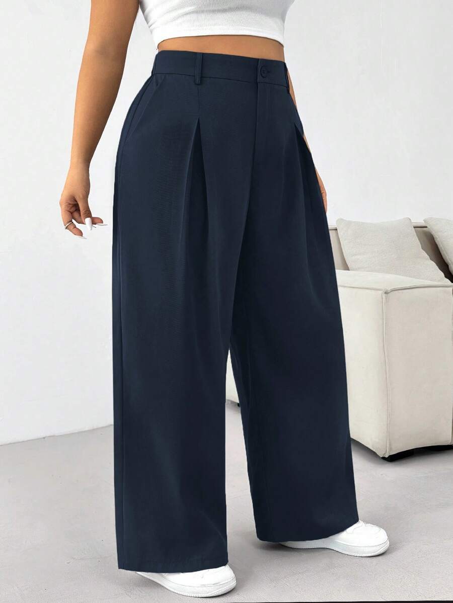 SHEIN EZwear 大码休闲百搭纯色西装裤 - 藍色 - 查看 1