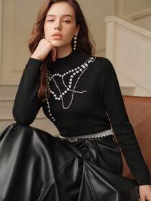 SHEIN Unity 女士秋季T恤，饰有奢华3D串珠和水钻，长袖黑色毛衣，新年，女士奢华晚礼服，亮片衬衫，优雅派对礼服 - 黑色 - 查看 6