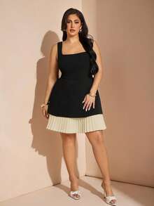 SHEIN BAE Plus Size Women's Black & White Romantic Sweet Date Outfit Dress, Layering Piece With Contrast Floral Lace Details, Suitable For Spring, Summer, Autumn