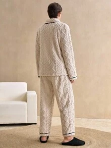 EverLounge 男士撞色滚边纽扣前开襟法兰绒家居服睡衣套装，秋冬装，蓬松舒适 - 彩色 - 查看 2