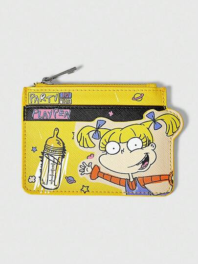 Nick 90's X ROMWE Ví đựng thẻ vuông thời trang in hình hoạt hình có khóa kéo.