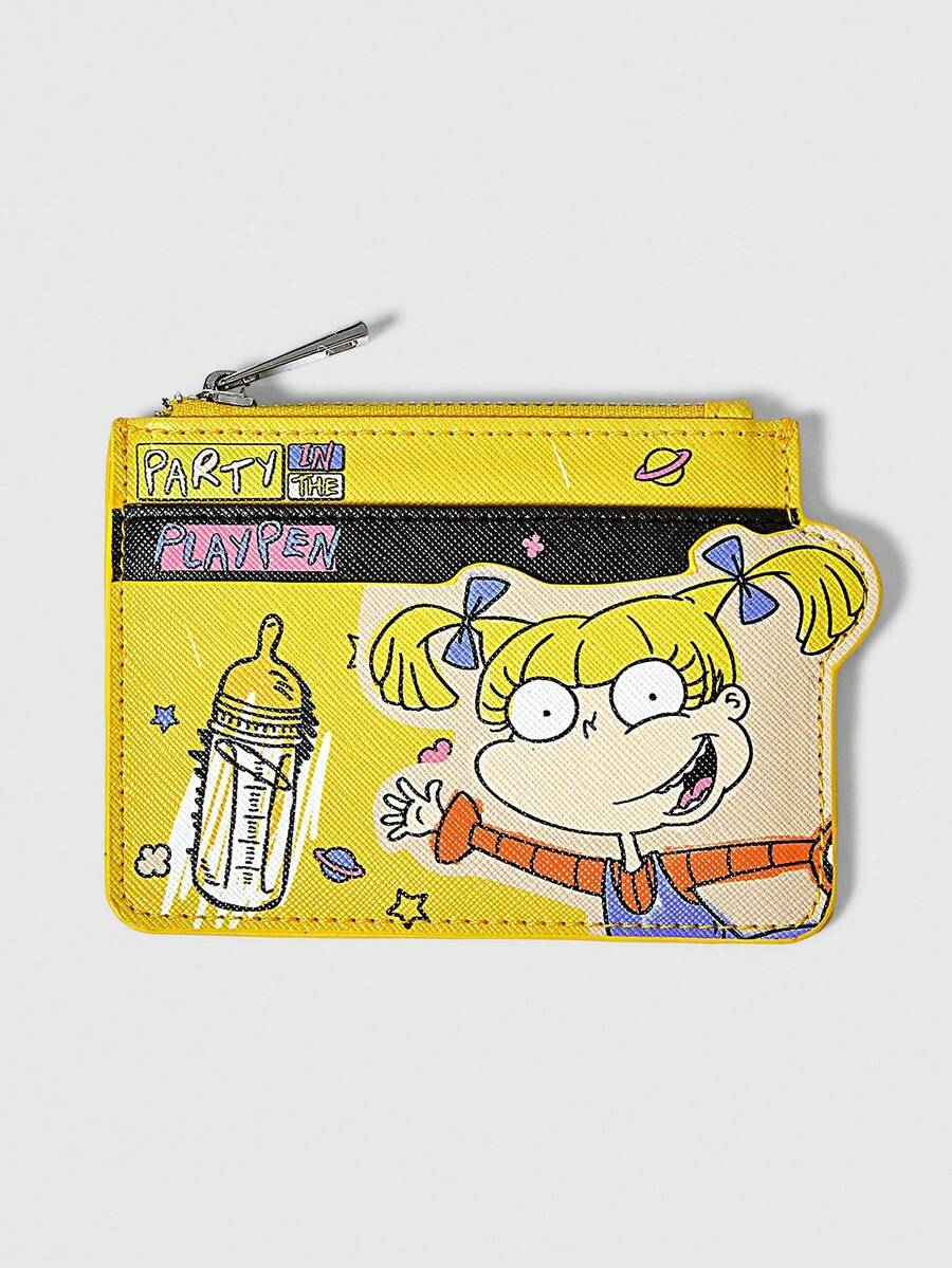 Nick 90's X ROMWE Ví đựng thẻ vuông thời trang in hình hoạt hình có khóa kéo. - Màu Mù tạt vàng - Xem 1