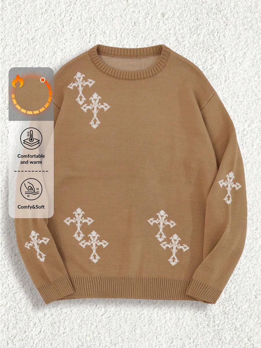 RueChic Men Cross Pattern Crew Neck Regular Sweater - Brown - View 1