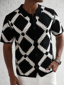Manfinity Hypemode Men's Boxy Fit Button Through Crochet Knit Shirt