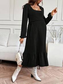 SHEIN 孕妇纯色方领灯笼袖休闲哺乳连衣裙