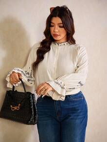 Elaquor Printed Casual Loose Fit Long Sleeve Plus Size Women Shirt - Apricot - View 7