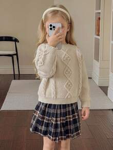 Emery Rose Kids Emery Rose Kids Young Girl Beige Long Sleeve Sweater, Cute & Versatile Winter Clothing For Baby Girls Fall - Apricot - View 3