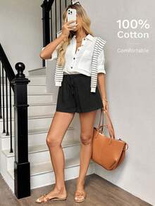 SHEIN LUNE Women's Casual Comfortable Cotton Elastic Waist Shorts, Suitable For Daily Leisure And Retro Outfits, Summer - Black - View 5