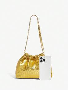SHEIN SXY 女士、女式单肩包、流浪包、编织压花 PU、金色、时尚、优雅、简约、个性化、多功能、经典、适合通勤、办公室、约会、日常、购物、下午茶 - 金色 - 查看 4