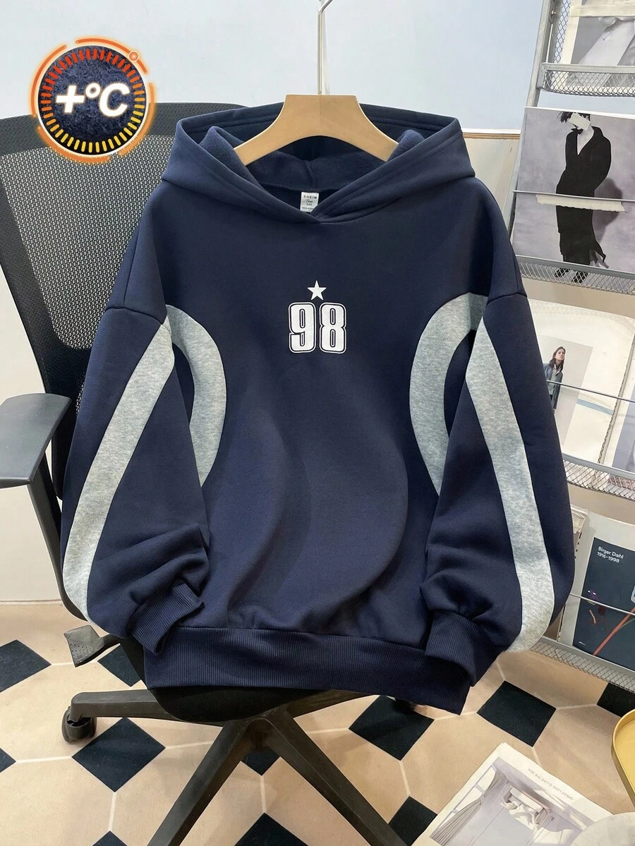 SHEIN Teen Girl Colorblock Letter Print Pattern Loose Casual Sweatshirt Fall Winter - Navy Blue - View 1