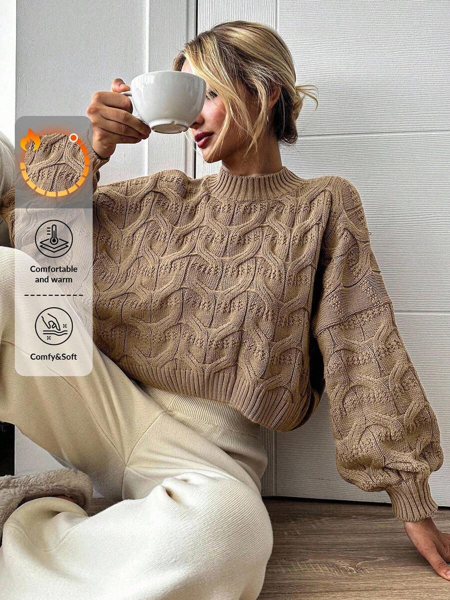 Mock Neck Drop Shoulder Cable Knit Sweater