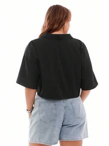 Solavibe 大码女式马匹印花短袖纽扣休闲衬衫，商务休闲黑色衬衫 - 黑色 - 查看 2