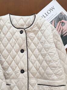 SHEIN Frenchy 女士休闲日常通勤撞色滚边拼布口袋单排扣绗缝夹棉大衣，冬季 - 杏色 - 查看 3