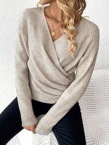 EMERY ROSE Women's Solid Color Overlap V-Neck Dropped Shoulder Long Sleeve Pleated Casual Sweater, Autumn/Winter - Beige - View 5
