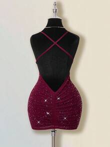 SHEIN ICON Damen Einfarbiges Kleid mit tiefem Ausschnitt und Strass-Verzierung, sexy Trägerkleid - Rot - Übersicht 2
