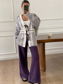 DAZY 2pcs/Set Women Knitted Loose Long Sleeve Pants Pajama Set, Autumn/Winter, Fall Clothes - Grey - View 10