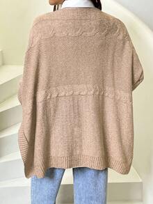 SHEIN 孕妇扭纹圆领蝙蝠袖长袖休闲毛衣，侧开衩下摆，秋冬 - 卡其色 - 查看 2