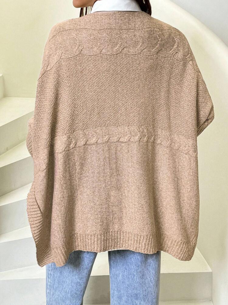 SHEIN 孕妇扭纹圆领蝙蝠袖长袖休闲毛衣，侧开衩下摆，秋冬 - 卡其色 - 查看 2