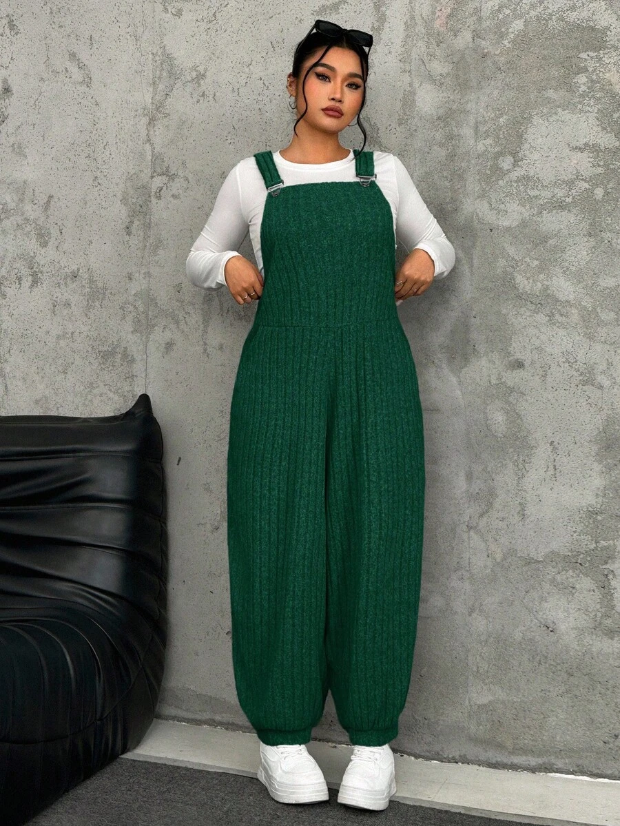 SHEIN EZwear Plus Size Grey Elastic Fleece Ribbed Bib Pants, Autumn/Winter - Dark Green - View 1