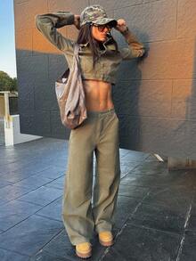 DAZY 女士休闲短款夹克和阔腿牛仔裤套装，秋季