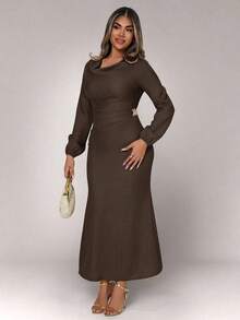 Xyvia Women's Metal Buckle Draped Neck Long Dress - Mocha Brown - View 3