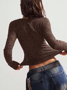 Bohemela 休闲针织蕾丝鸡心领长袖修身女上衣 - 棕色 - 查看 2