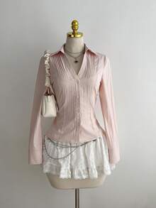 Elamini 1 Áo cánh nữ cổ chữ V xếp ly ôm vừa vặn, gợi cảm & đa năng, tay dài, mùa thu - Hồng - Xem 3