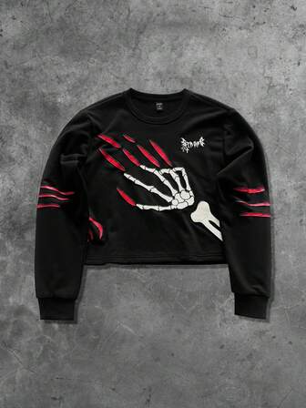 Goth Sweat-shirt-shirt à imprimé crâne gothique pour hommes, convient pour l'automne/l'hiver