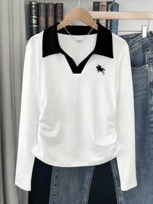Franclia Camiseta de manga larga ajustada con cuello de contraste de color, otoño - Multicolor - Ver 5