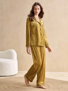 女士长袖天鹅绒睡衣套装休闲套装，秋冬装 - 墨綠色 - 查看 5