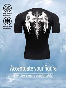 Manfinity Sport Corelite Men's Wing & Cross Print Compression Tight Fit Short Sleeve Sports T-Shirt Workout Tops Gym Top Compression Shirt Breathable Fitted Shirt Crew Neck