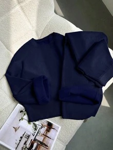 EMERY ROSE New Fashion Autumn/Winter Round Neck Fluffy Loose Casual Slouchy Knitted Wide Leg Pants & Sweater 2 Pieces Set - Navy Blue - View 5