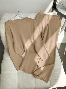 EMERY ROSE New Fashion Autumn/Winter Round Neck Fluffy Loose Casual Slouchy Knitted Wide Leg Pants & Sweater 2 Pieces Set - Brown - View 2