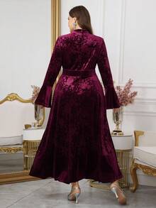 Modelyn Plus Size Women Velvet Embossed Flared Sleeve A-Line Dress, Elegant Party Evening Gown, Autumn/Winter - Red - View 2