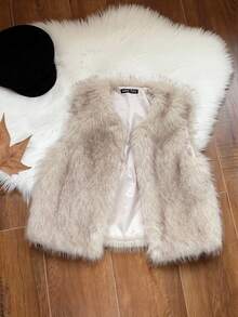 Tween Girl Solid Color Fuzzy Open Front Fashion Vest Jacket Fall Winter