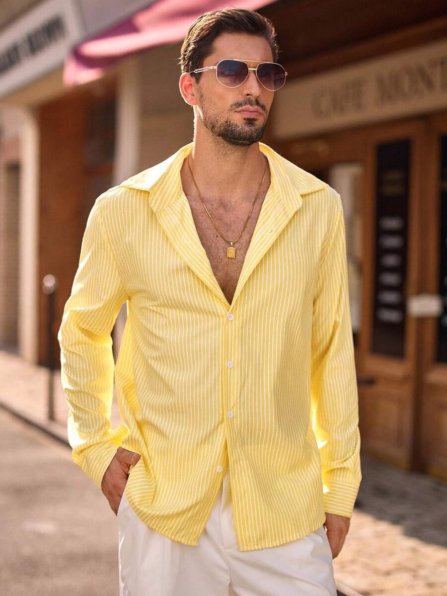 HIMLAND Camicia casual da uomo a righe verticali, vestibilità regular, autunno