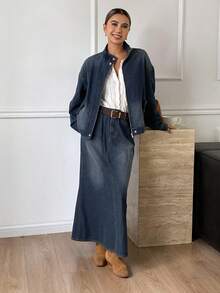 DAZY 西部牛仔风格做旧洗水高领长袖拉链宽松夹克和不对称下摆短裙休闲街头装，秋冬 - 藍色 - 查看 3