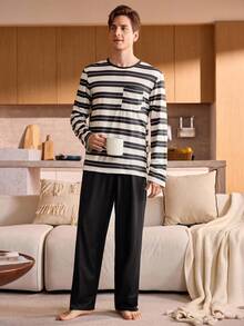 Manfinity Underwear&Sleepwear Basics Plus Size Women Striped Long Sleeve Pocket Top And Pants Pajama Set - Black and White - View 4