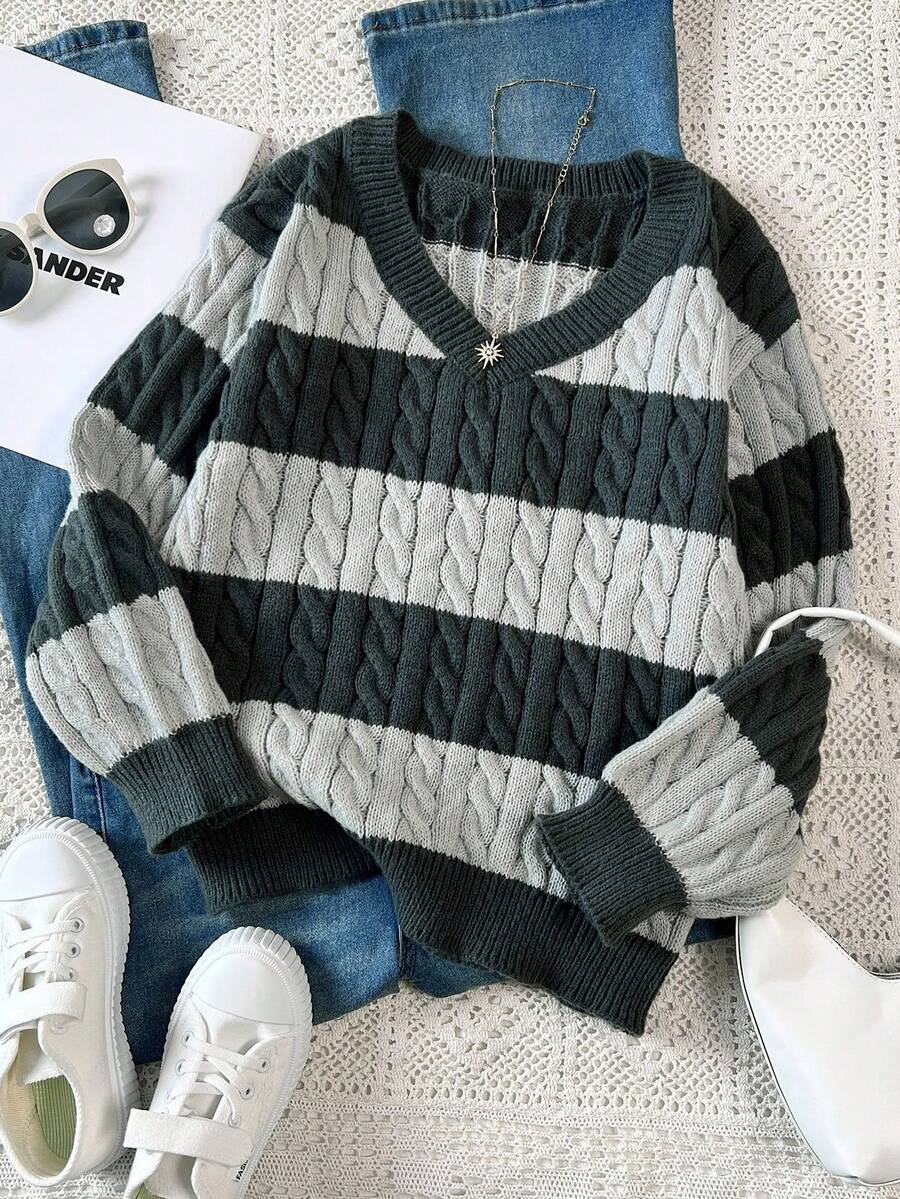 SHEIN Tween Girls Striped Color Block Cable Knit V-Neck Lantern Sleeve Oversized Pullover Sweater, Suitable For Autumn/Winter Outings Fall - Dark Grey - View 1