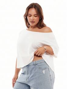 Solavibe 大码女式休闲白色宽松露肩短袖T恤