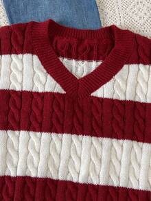 SHEIN 女童条纹拼色麻花针织 V 领灯笼袖超大套头衫，适合秋冬外出 - 彩色 - 查看 6