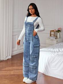 SHEIN PETITE Peto vaquero casual lavado para mujer - Azul - Ver 6