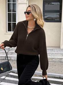 Serisse Suéter de grano con cremallera media, mangas largas, suéter de punto para otoño/invierno - Café integral - Ver 6