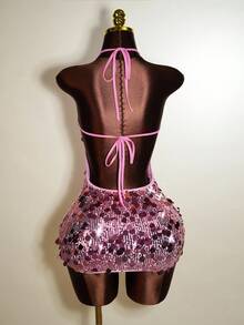 Mistrie 全新设计的性感无袖领口露背上衣亮片闪亮材质女士迷你紧身短裙，奢华年轻女士风格，高端性感女孩生日派对礼服，女士派对正式晚礼服。 - 粉色 - 查看 2